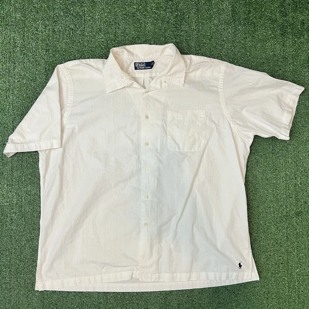 VTG Polo Ralph Lauren Short Sleeve Open Collar Button Up Shirt Mens XXL White